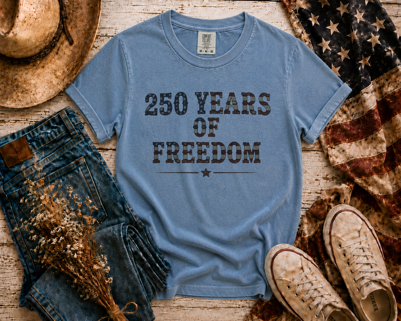 250 Years Of Freedom flatlay - Blue Jean