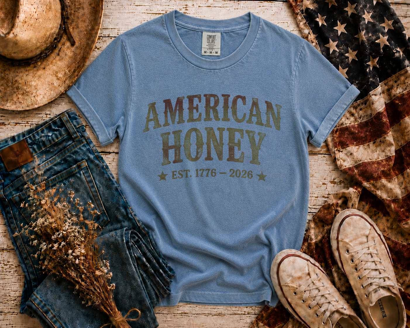American Honey flatlay - Blue Jean