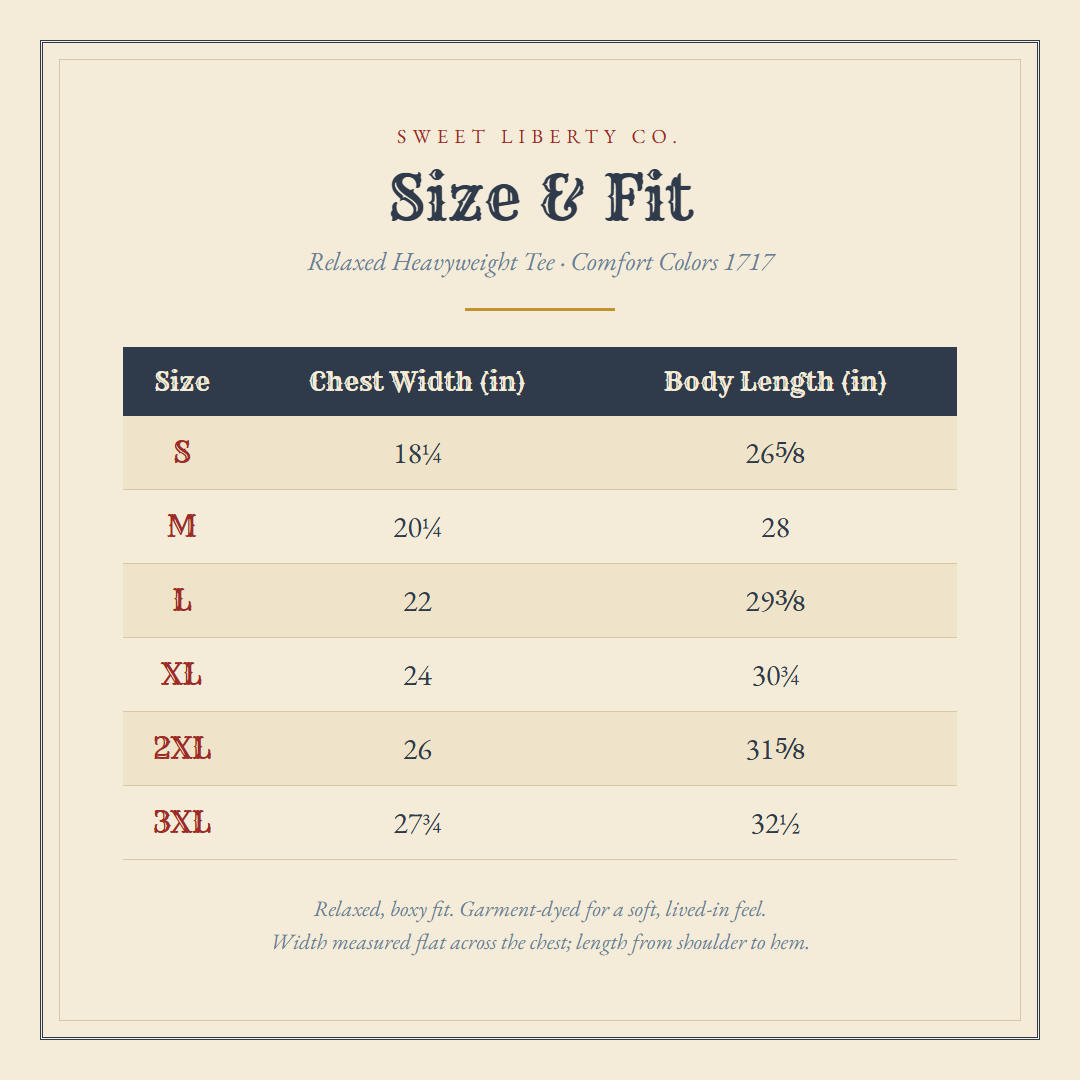 Comfort Colors 1717 size chart