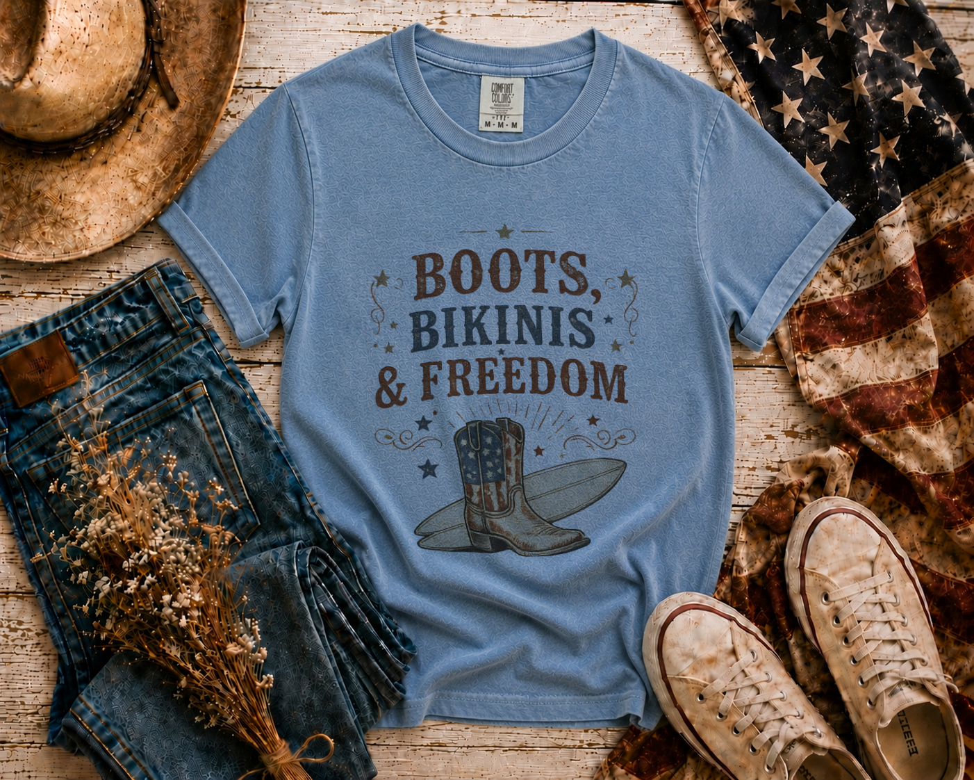 Boots Bikinis Freedom flatlay - Blue Jean