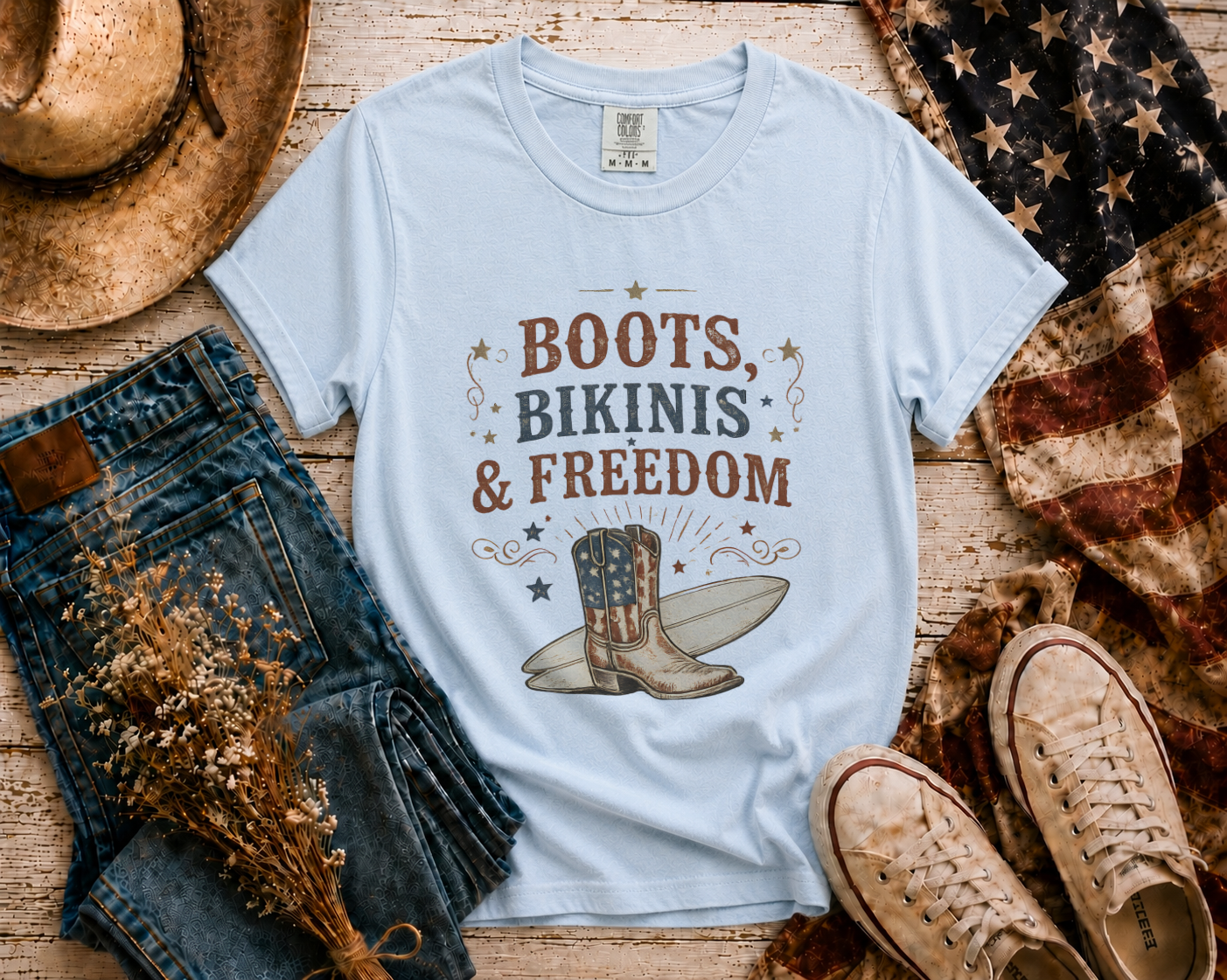 Boots Bikinis Freedom flatlay - Chambray