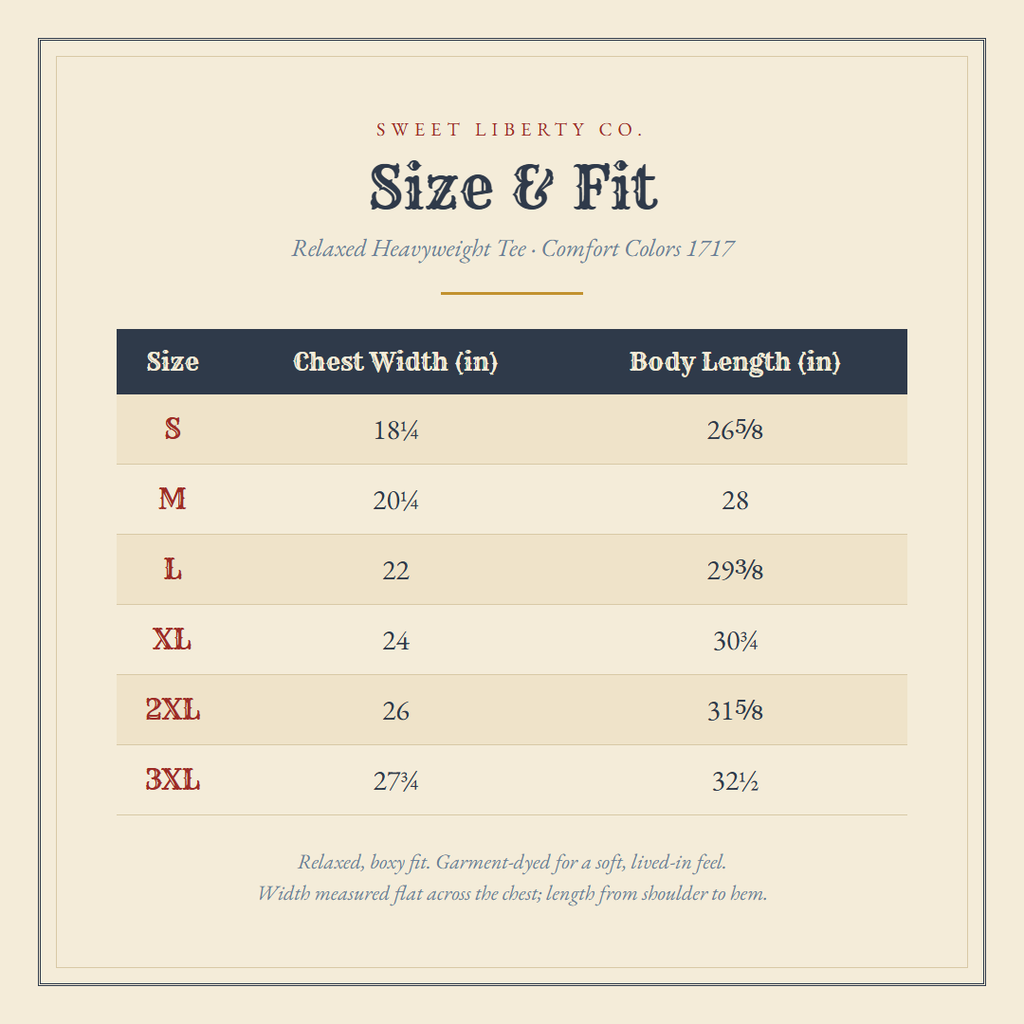 Comfort Colors 1717 size chart