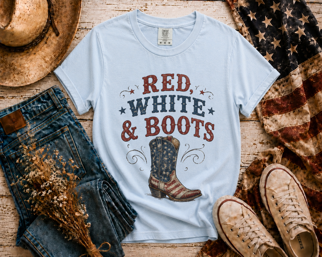 Red White Boots flatlay - Chambray