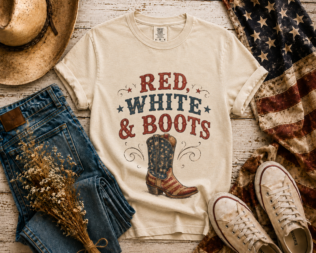 Red White Boots flatlay - Ivory