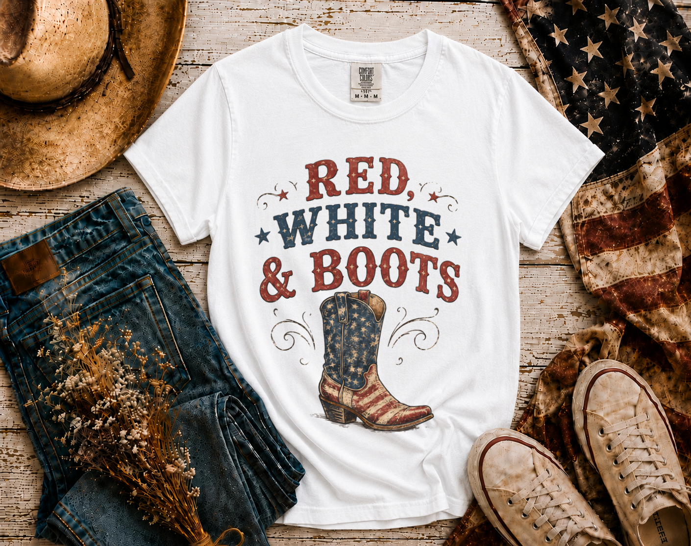 Red White Boots flatlay - White