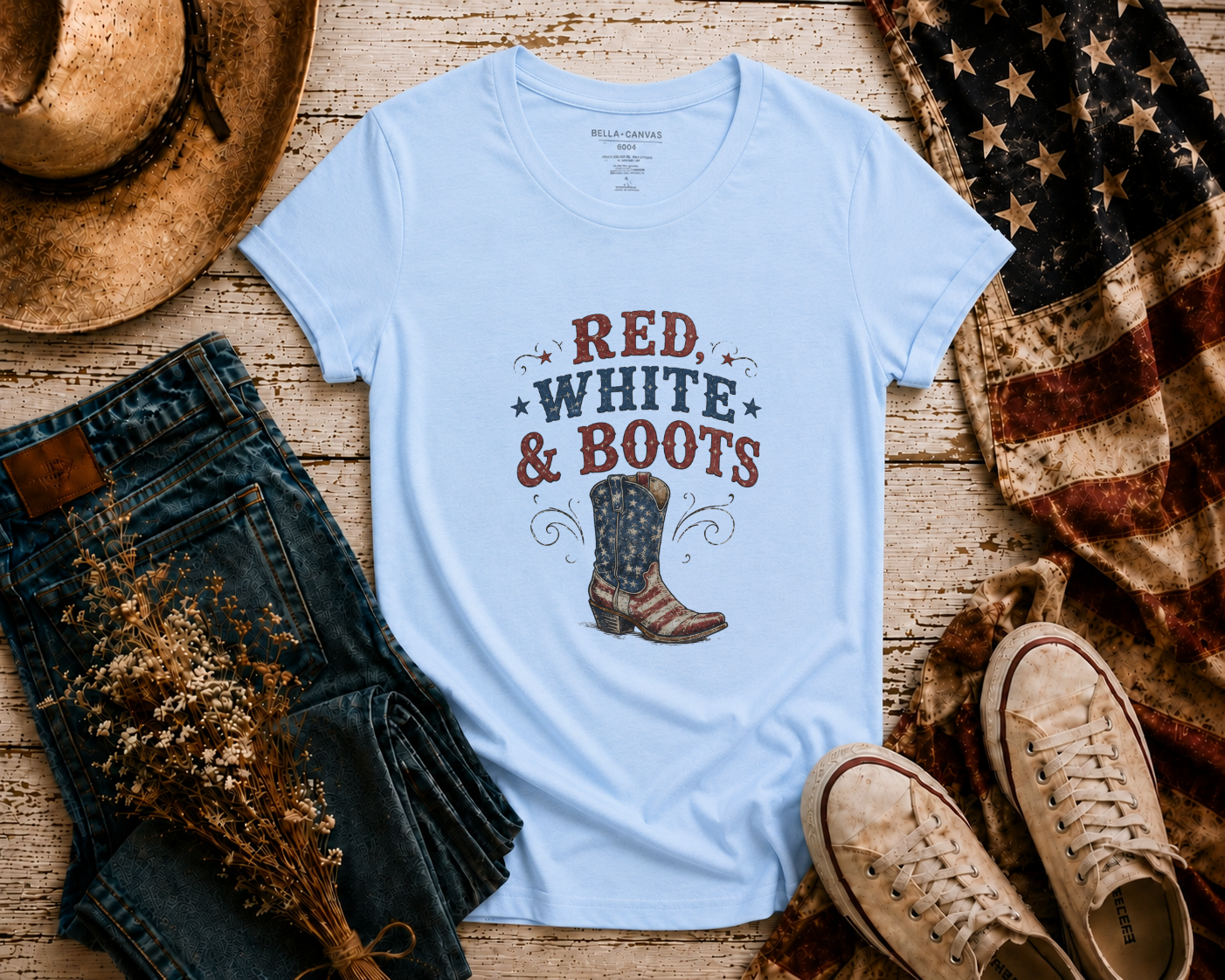 Red White Boots flatlay - Baby Blue