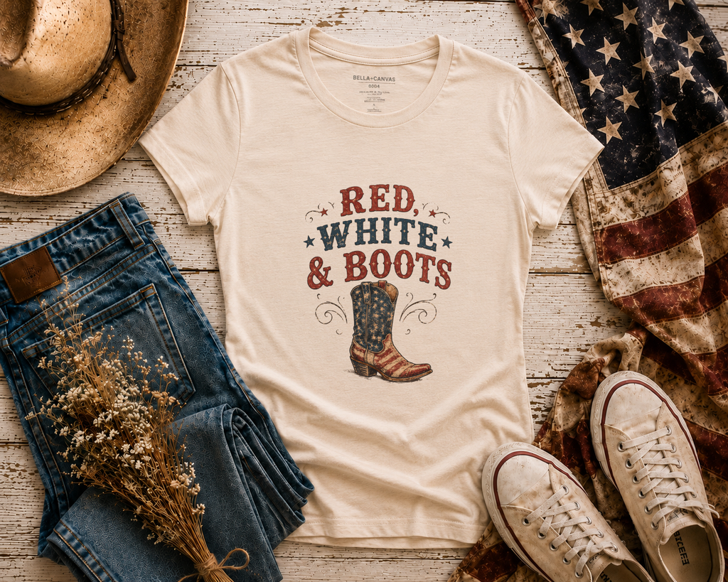 Red White Boots flatlay - Soft Cream