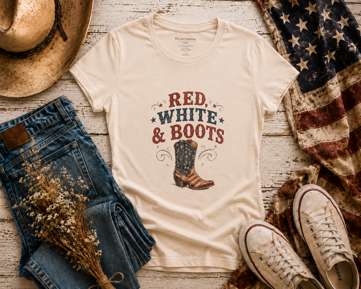 Red White Boots flatlay - Soft Cream