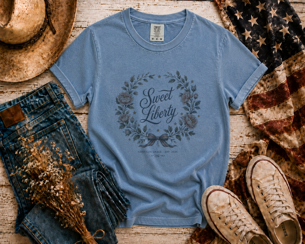 Sweet Liberty Floral flatlay - Blue Jean