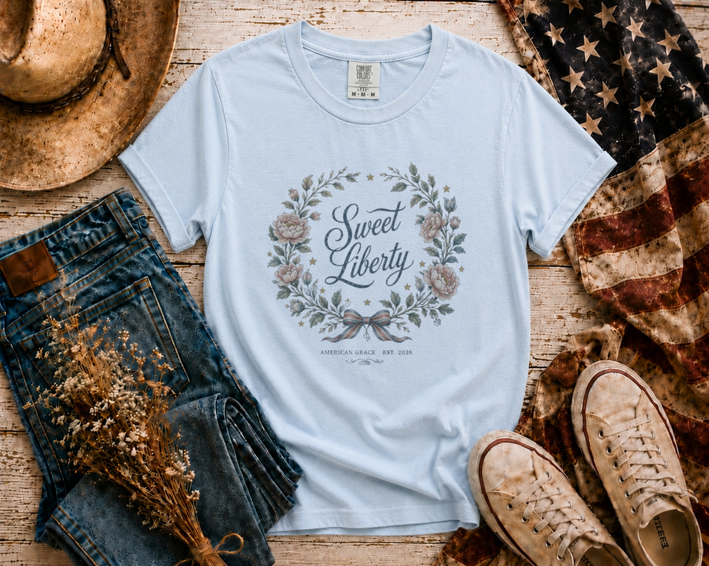 Sweet Liberty Floral flatlay - Chambray