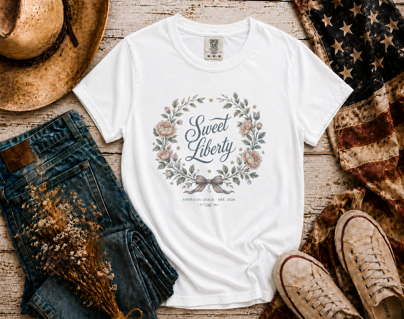 Sweet Liberty Floral flatlay - White