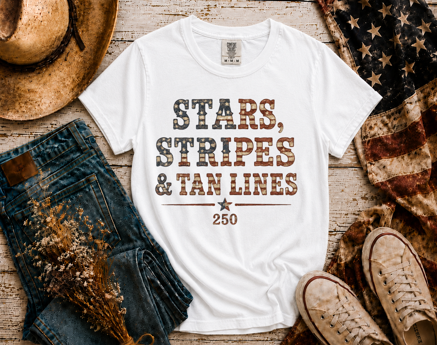 Stars Stripes Tan Lines flatlay - White
