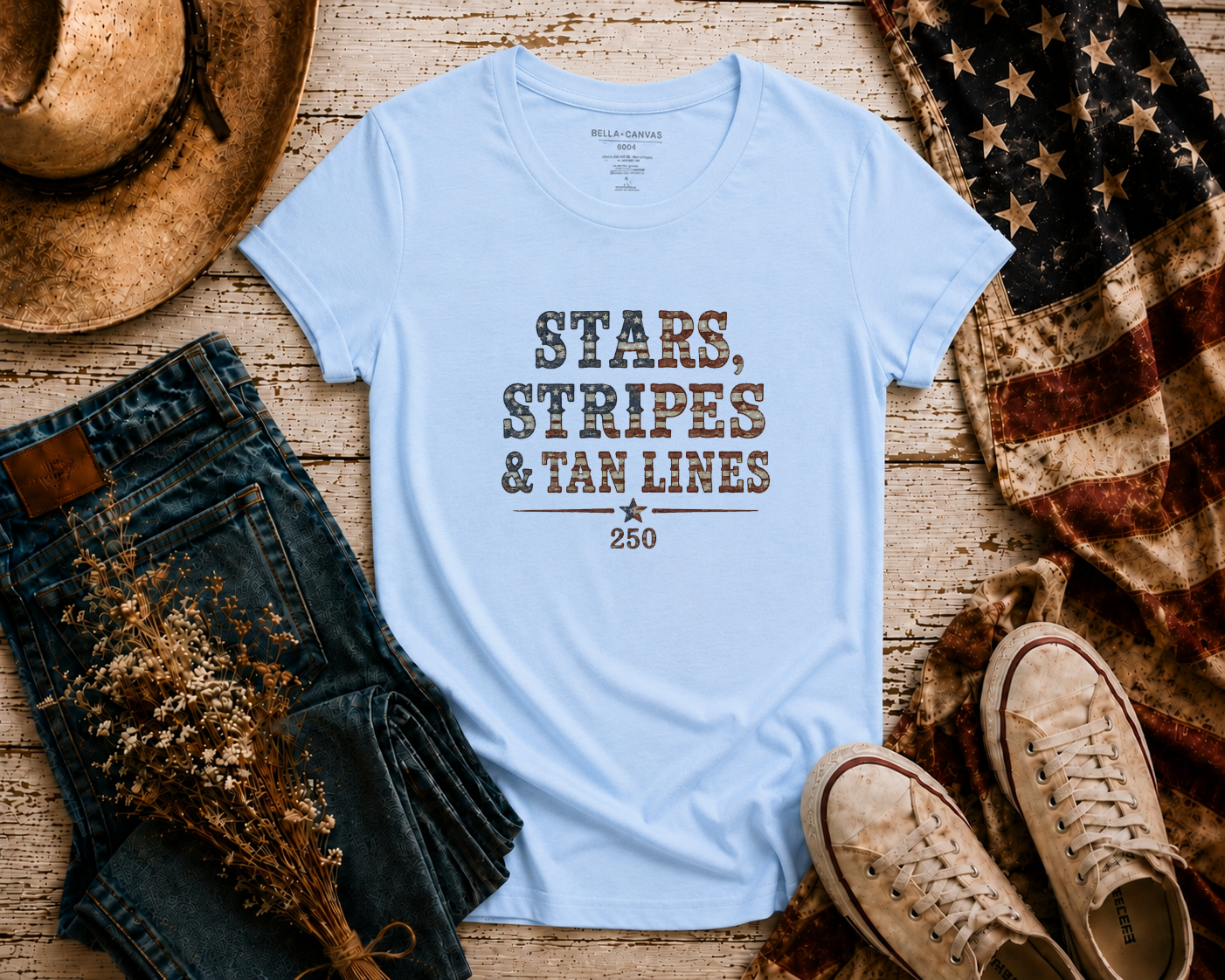Stars Stripes Tan Lines flatlay - Baby Blue