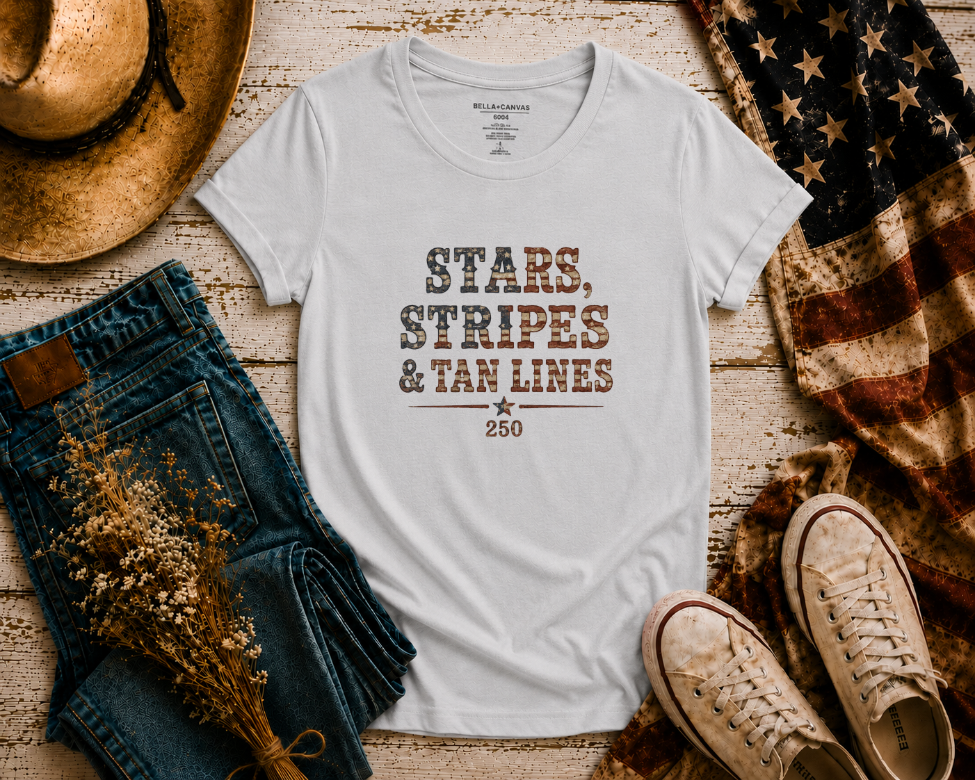 Stars Stripes Tan Lines flatlay - Silver
