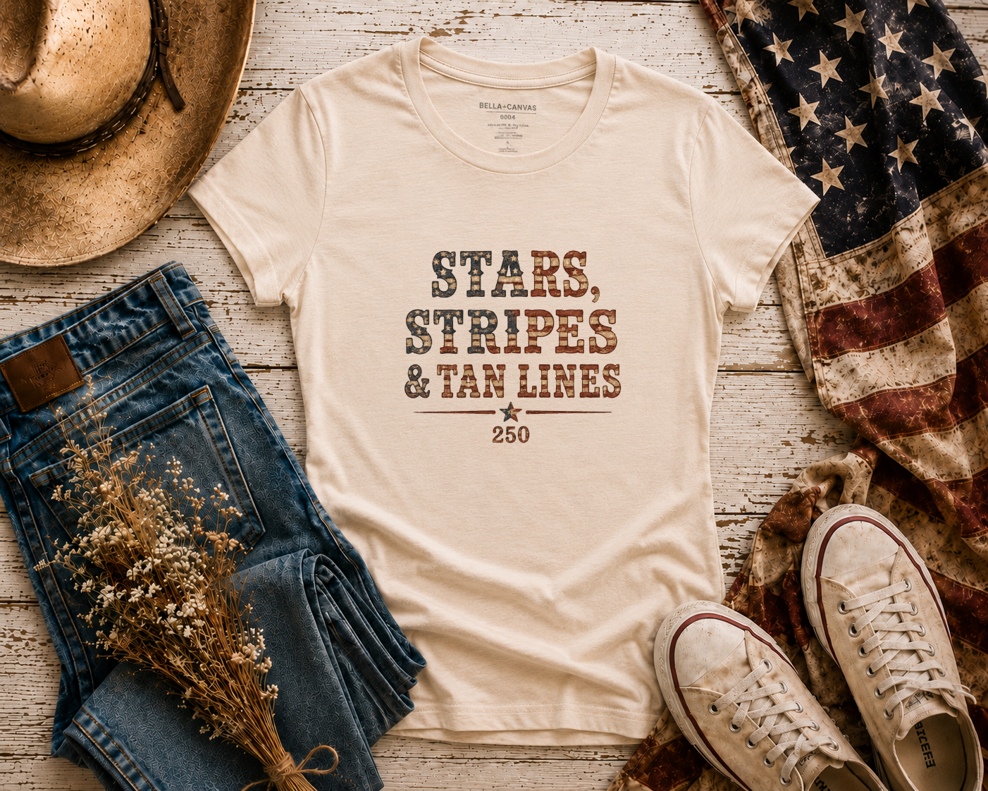 Stars Stripes Tan Lines flatlay - Soft Cream