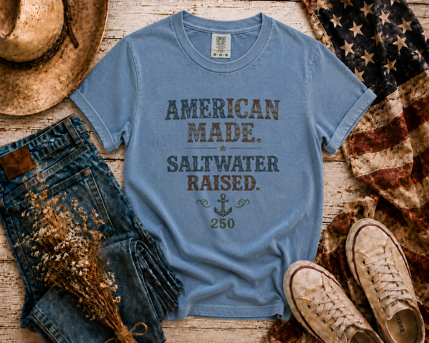 American Made Saltwater Raised flatlay - Blue Jean