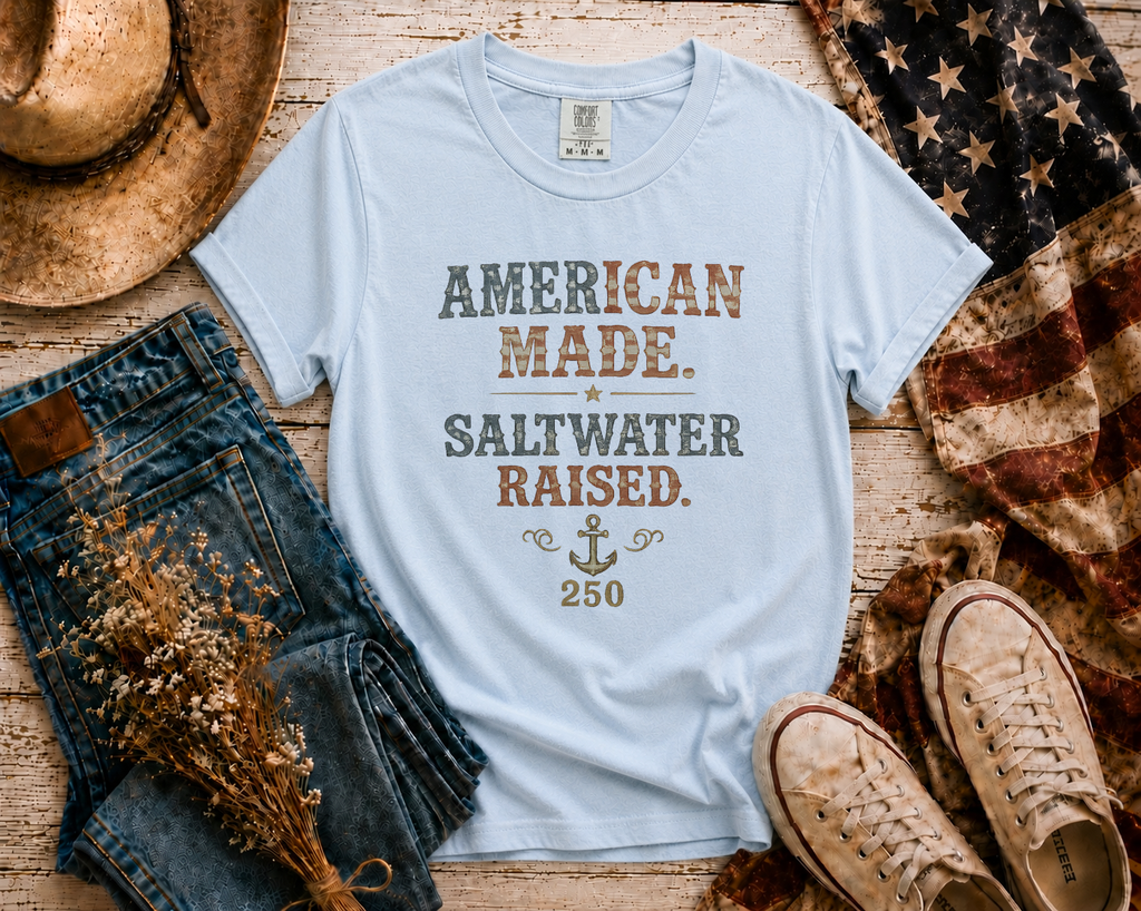 American Made Saltwater Raised flatlay - Chambray