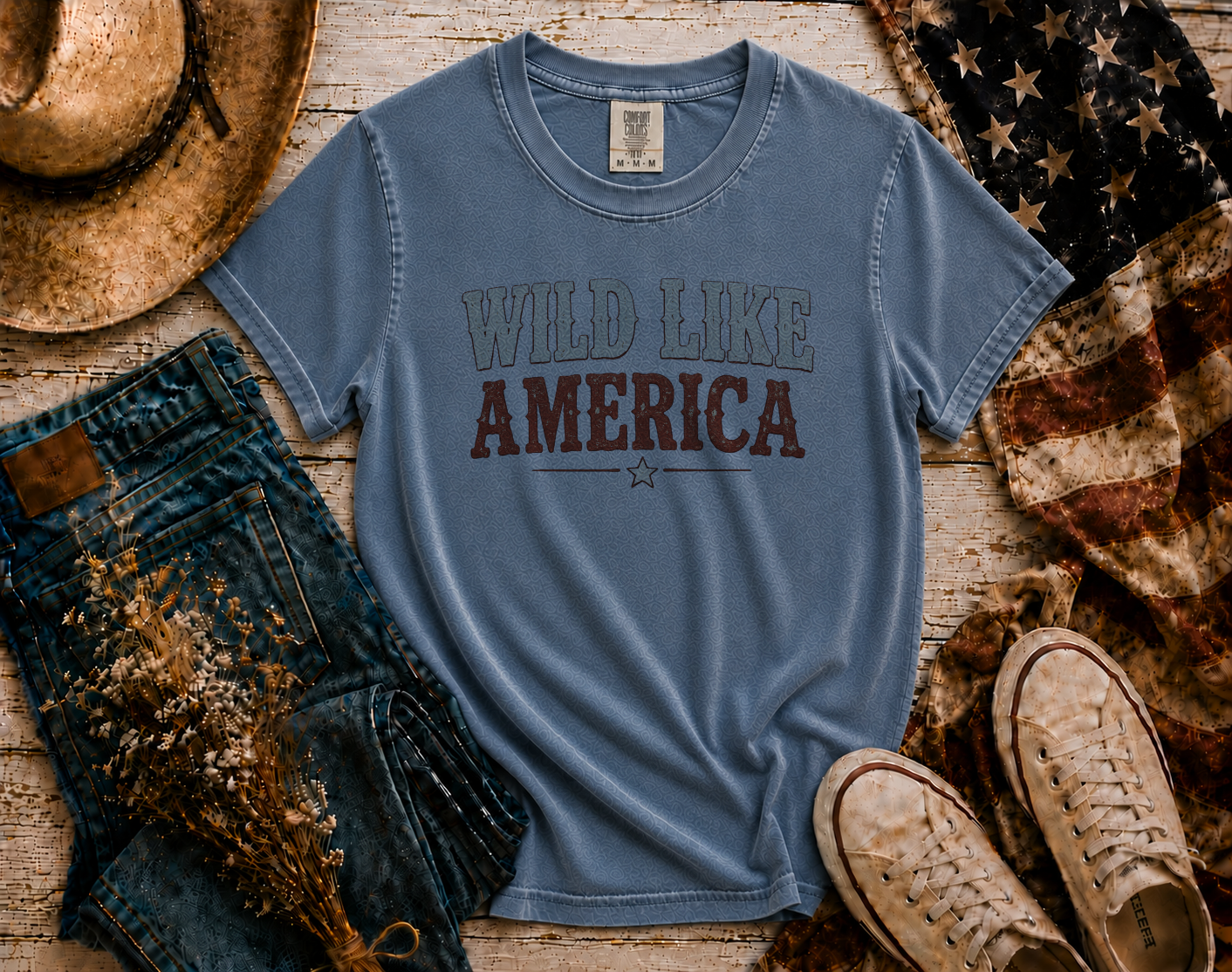 Wild Like America flatlay - Washed Denim